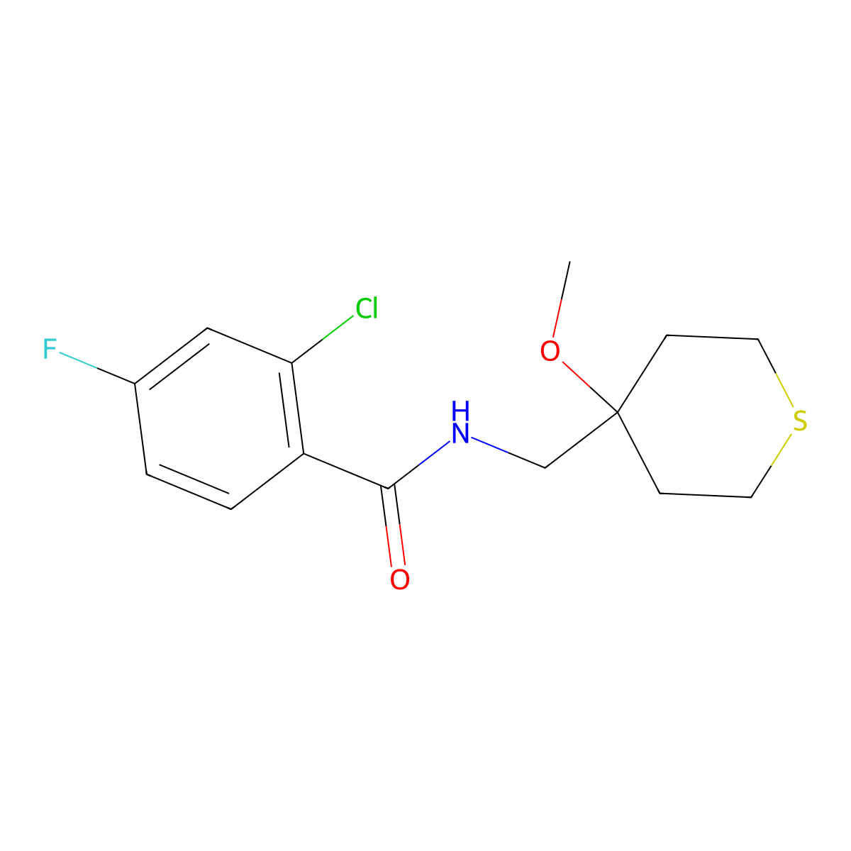 2-chloro-4-fluoro-N-((4-methoxytetrahydro-2H-thiopyran-4-yl)methyl)benzamide molecular structure, CAS 2034398-35-9