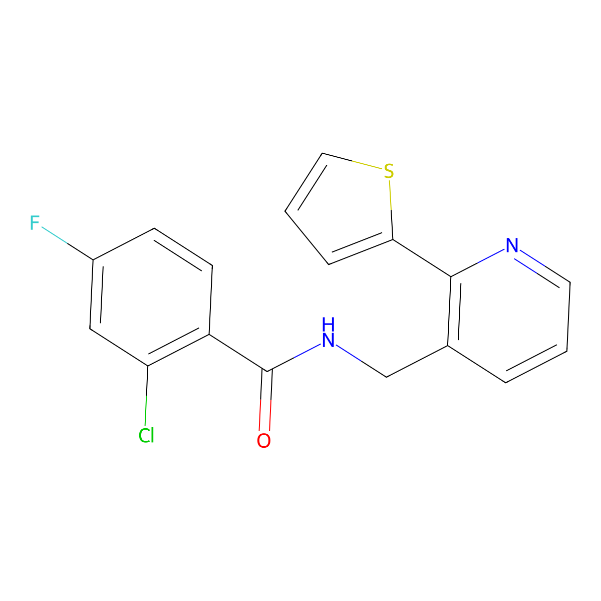2-chloro-4-fluoro-N-{[2-(thiophen-2-yl)pyridin-3-yl]methyl}benzamide molecular structure, CAS 2034398-40-6