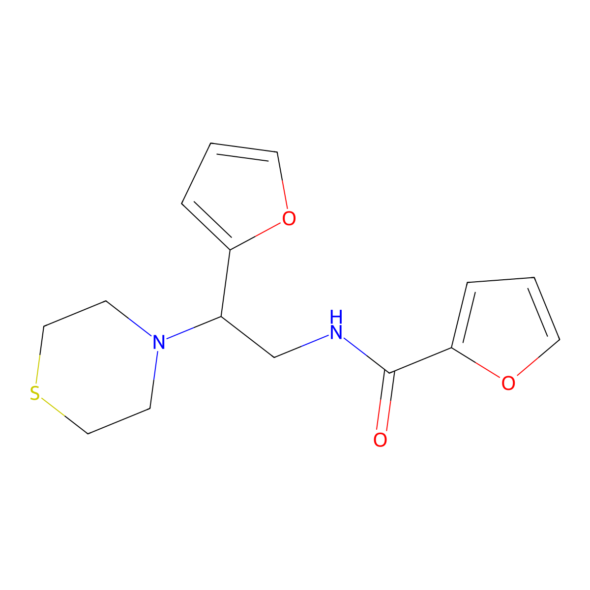 N-(2-(furan-2-yl)-2-thiomorpholinoethyl)furan-2-carboxamide molecular structure, CAS 2034398-52-0