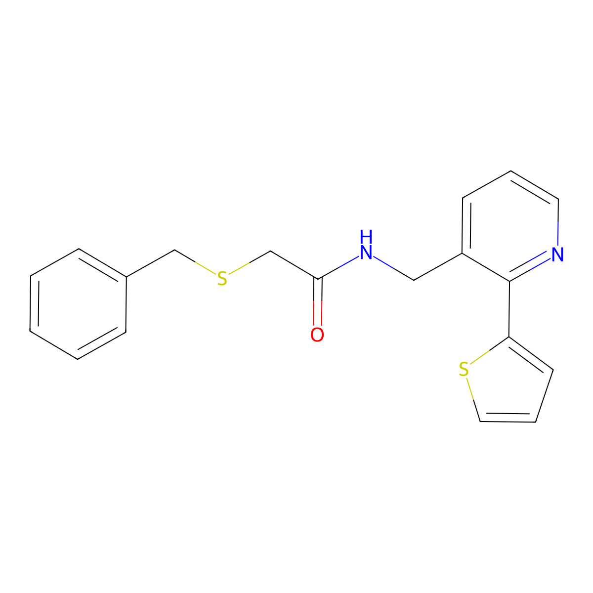 2-(benzylthio)-N-((2-(thiophen-2-yl)pyridin-3-yl)methyl)acetamide molecular structure, CAS 2034398-53-1