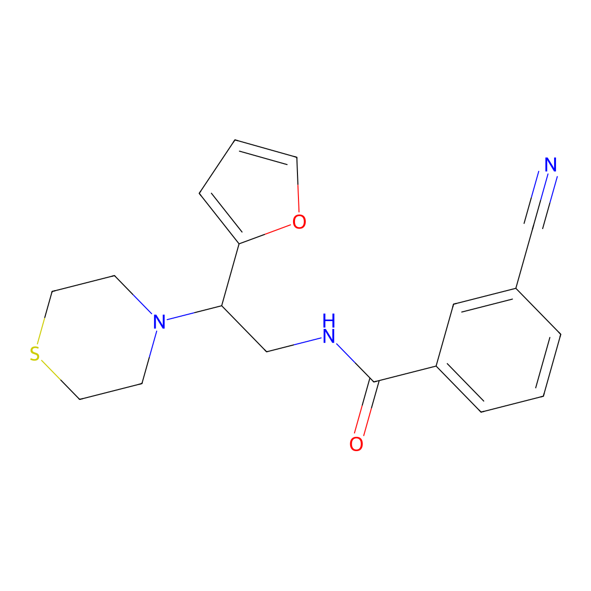 3-cyano-N-(2-(furan-2-yl)-2-thiomorpholinoethyl)benzamide molecular structure, CAS 2034398-56-4
