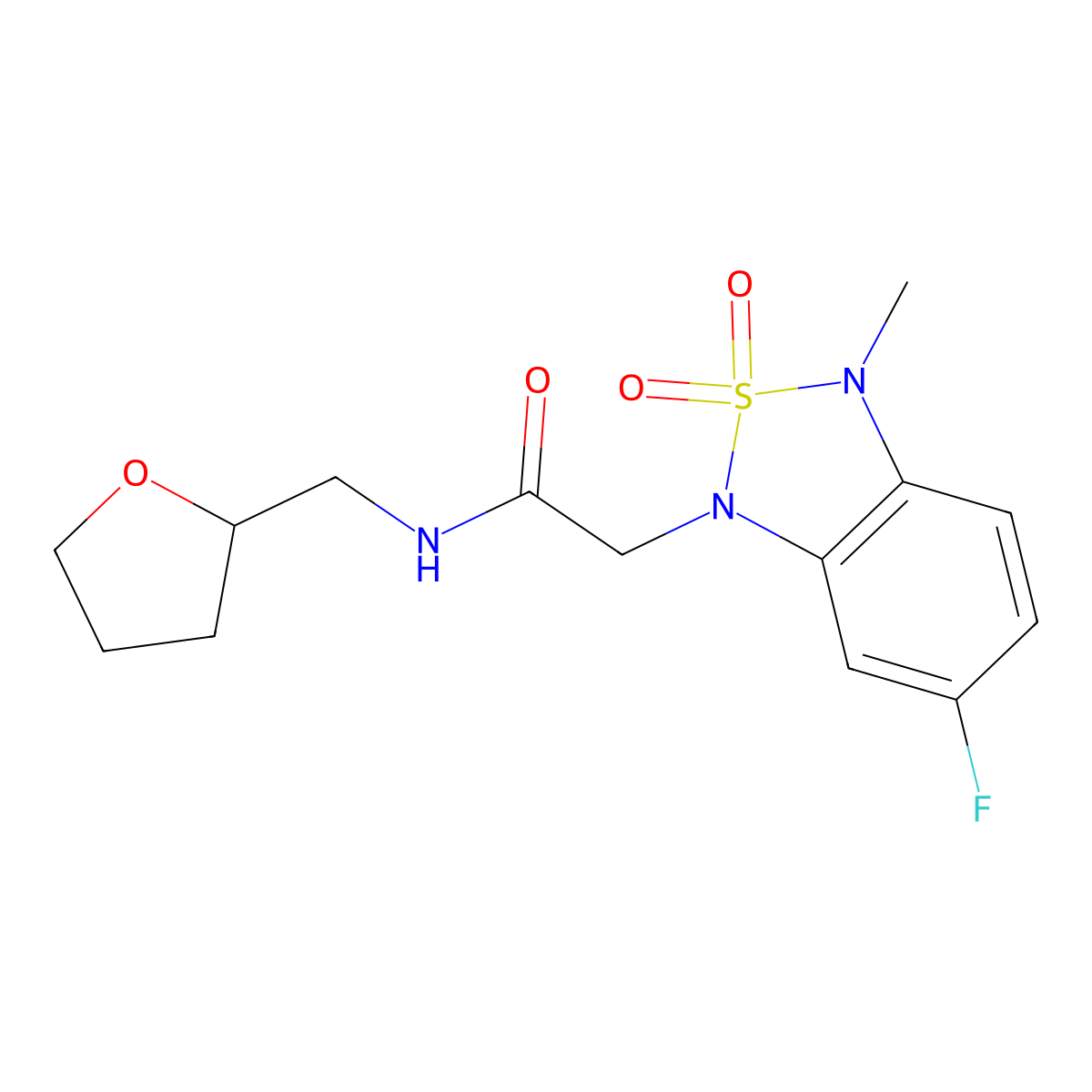 2-(6-fluoro-3-methyl-2,2-dioxidobenzo[c][1,2,5]thiadiazol-1(3H)-yl)-N-((tetrahydrofuran-2-yl)methyl)acetamide molecular structure, CAS 2034398-57-5