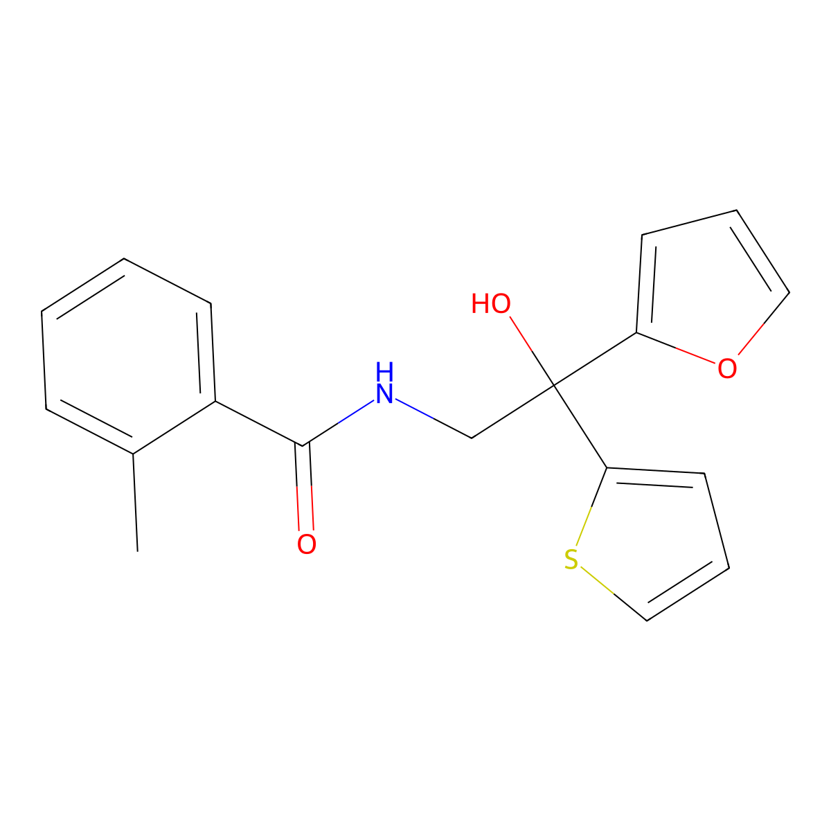 N-(2-(furan-2-yl)-2-hydroxy-2-(thiophen-2-yl)ethyl)-2-methylbenzamide molecular structure, CAS 2034398-65-5