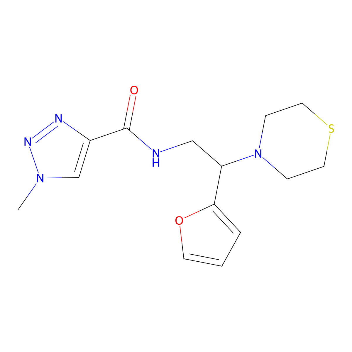 N-(2-(furan-2-yl)-2-thiomorpholinoethyl)-1-methyl-1H-1,2,3-triazole-4-carboxamide molecular structure, CAS 2034398-69-9