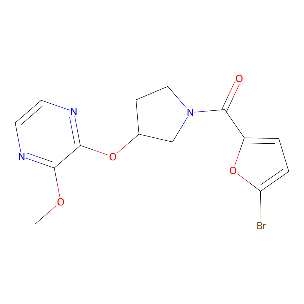 (5-Bromofuran-2-yl)(3-((3-methoxypyrazin-2-yl)oxy)pyrrolidin-1-yl)methanone molecular structure, CAS 2034398-70-2