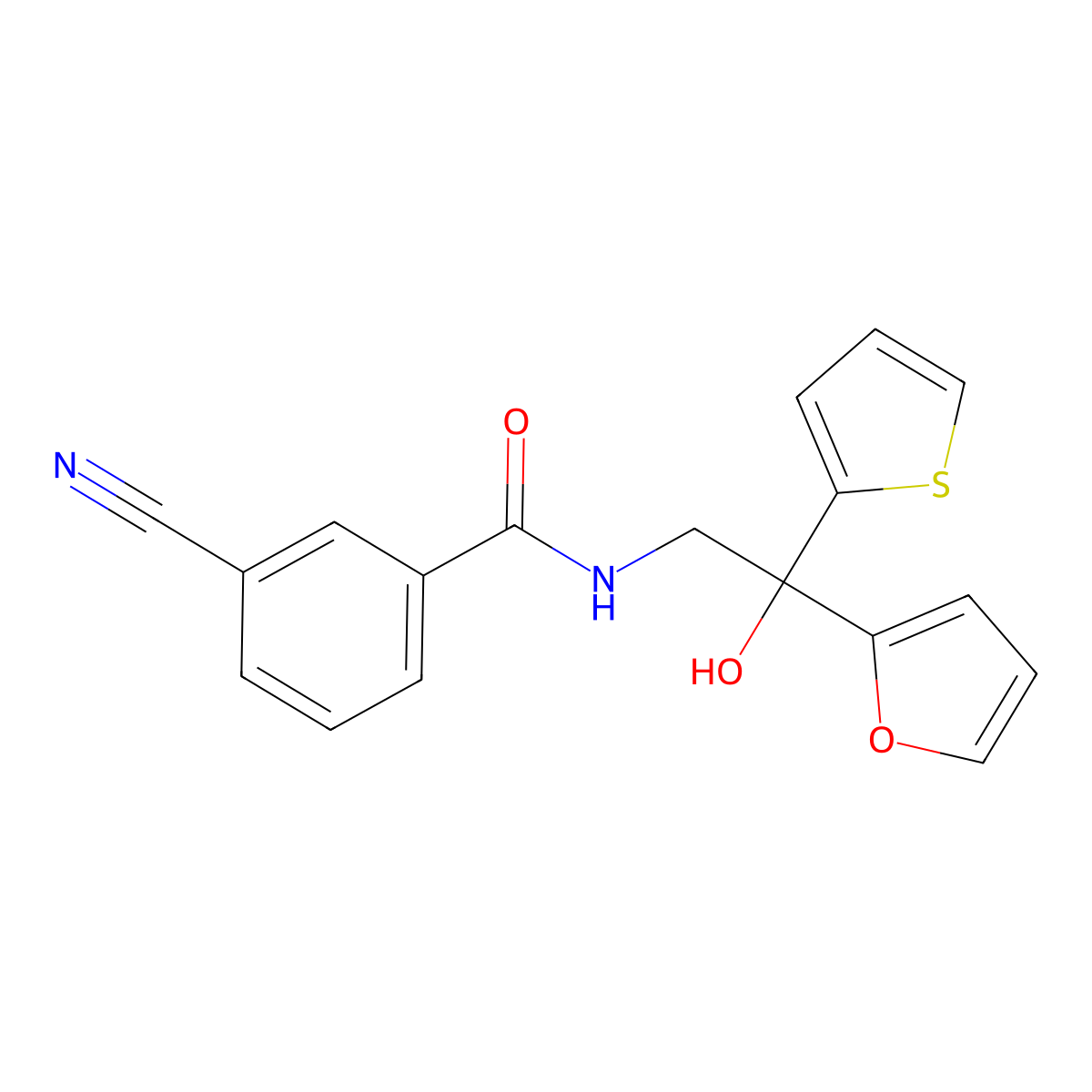 3-cyano-N-(2-(furan-2-yl)-2-hydroxy-2-(thiophen-2-yl)ethyl)benzamide molecular structure, CAS 2034398-71-3