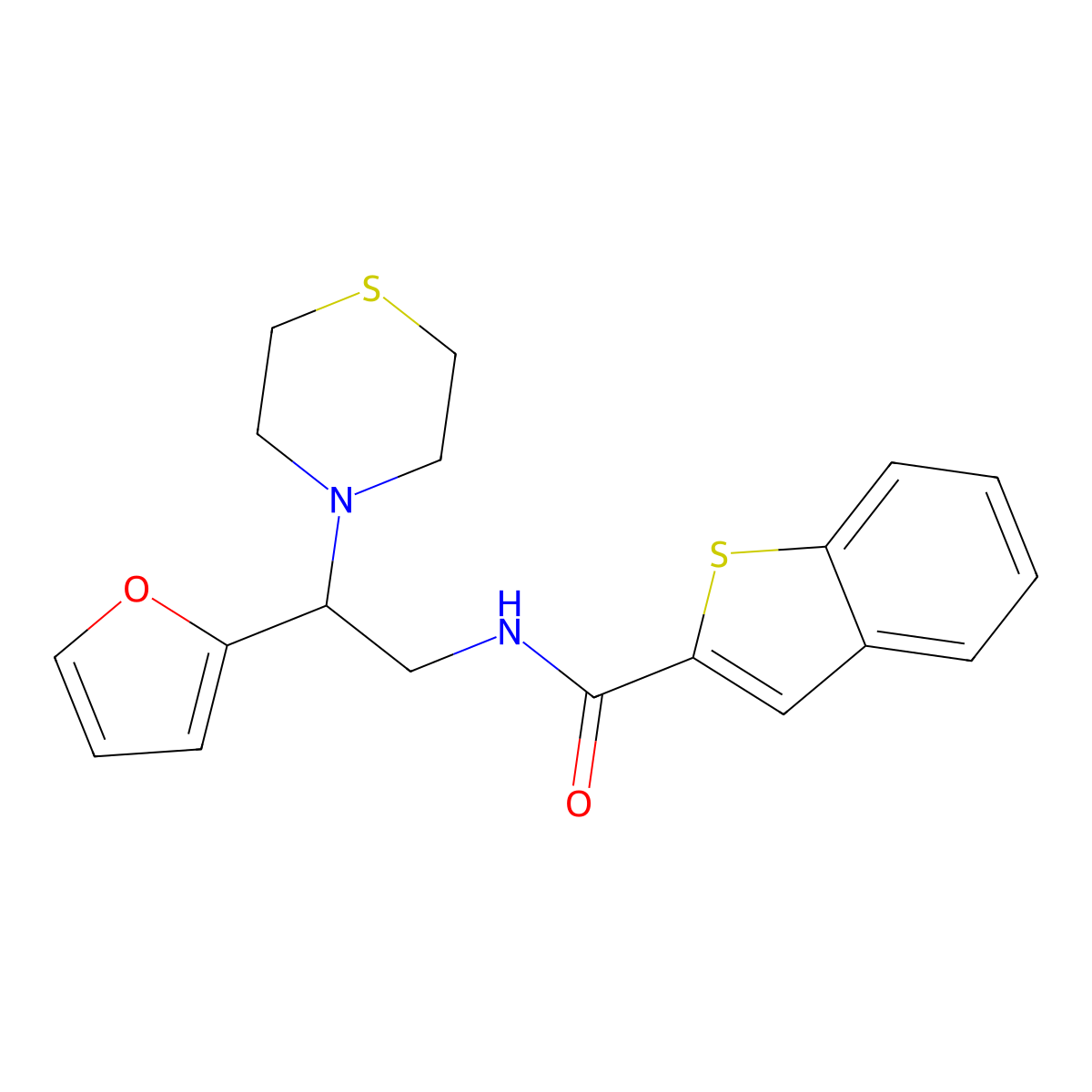 N-(2-(furan-2-yl)-2-thiomorpholinoethyl)benzo[b]thiophene-2-carboxamide molecular structure, CAS 2034398-77-9