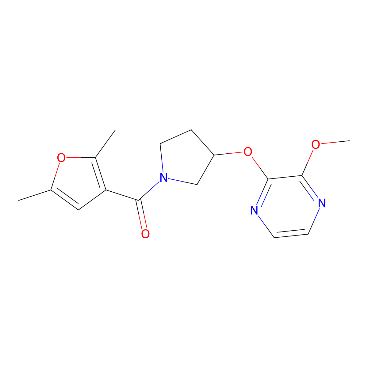 (2,5-Dimethylfuran-3-yl)(3-((3-methoxypyrazin-2-yl)oxy)pyrrolidin-1-yl)methanone molecular structure, CAS 2034398-79-1