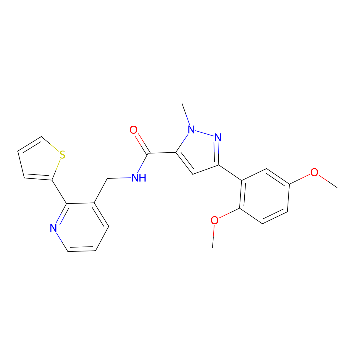 3-(2,5-dimethoxyphenyl)-1-methyl-N-{[2-(thiophen-2-yl)pyridin-3-yl]methyl}-1H-pyrazole-5-carboxamide molecular structure, CAS 2034398-82-6