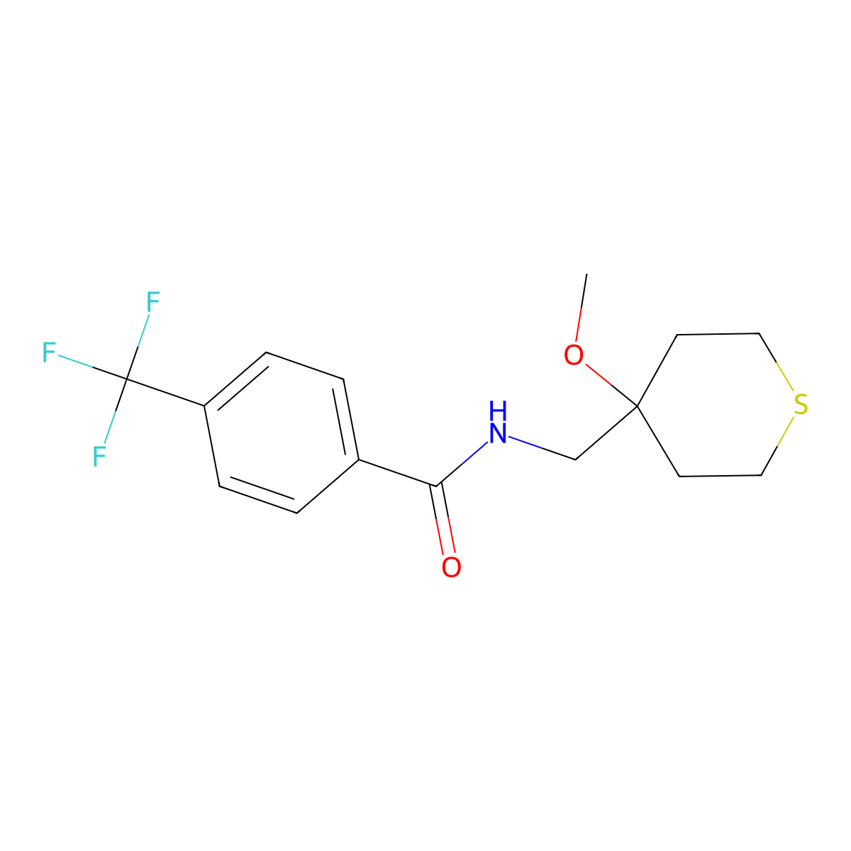 N-((4-methoxytetrahydro-2H-thiopyran-4-yl)methyl)-4-(trifluoromethyl)benzamide molecular structure, CAS 2034398-85-9