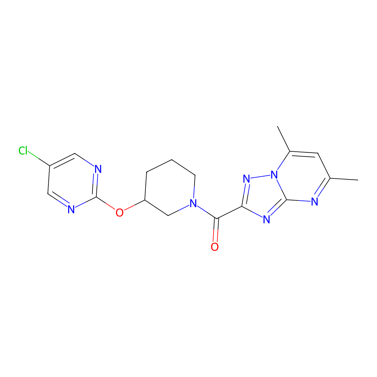 (3-((5-Chloropyrimidin-2-yl)oxy)piperidin-1-yl)(5,7-dimethyl-[1,2,4]triazolo[1,5-a]pyrimidin-2-yl)methanone molecular structure, CAS 2034398-86-0