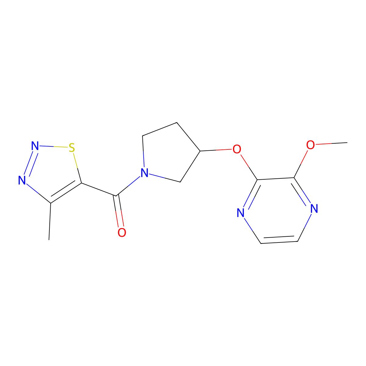(3-((3-Methoxypyrazin-2-yl)oxy)pyrrolidin-1-yl)(4-methyl-1,2,3-thiadiazol-5-yl)methanone molecular structure, CAS 2034398-87-1