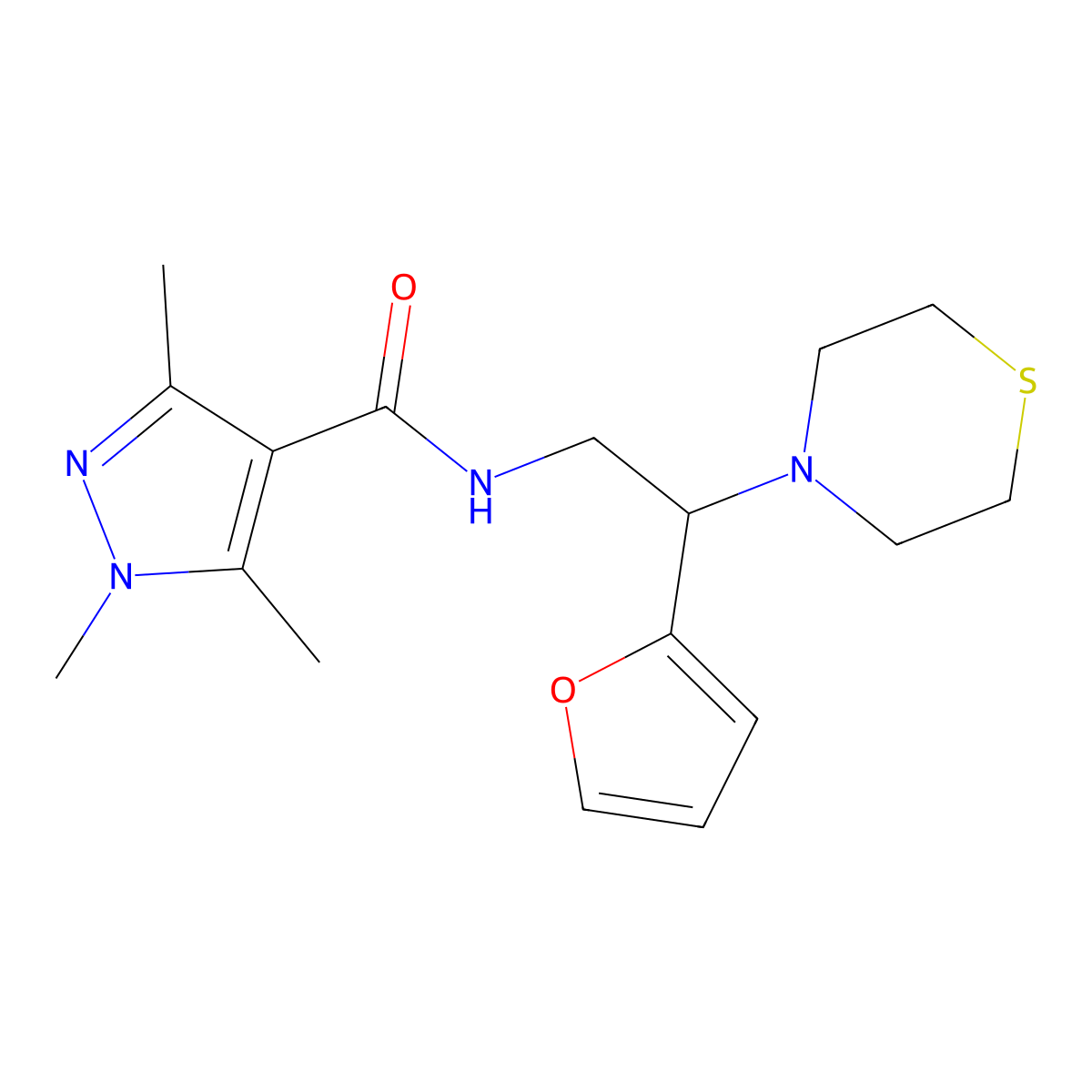 N-(2-(furan-2-yl)-2-thiomorpholinoethyl)-1,3,5-trimethyl-1H-pyrazole-4-carboxamide molecular structure, CAS 2034398-89-3