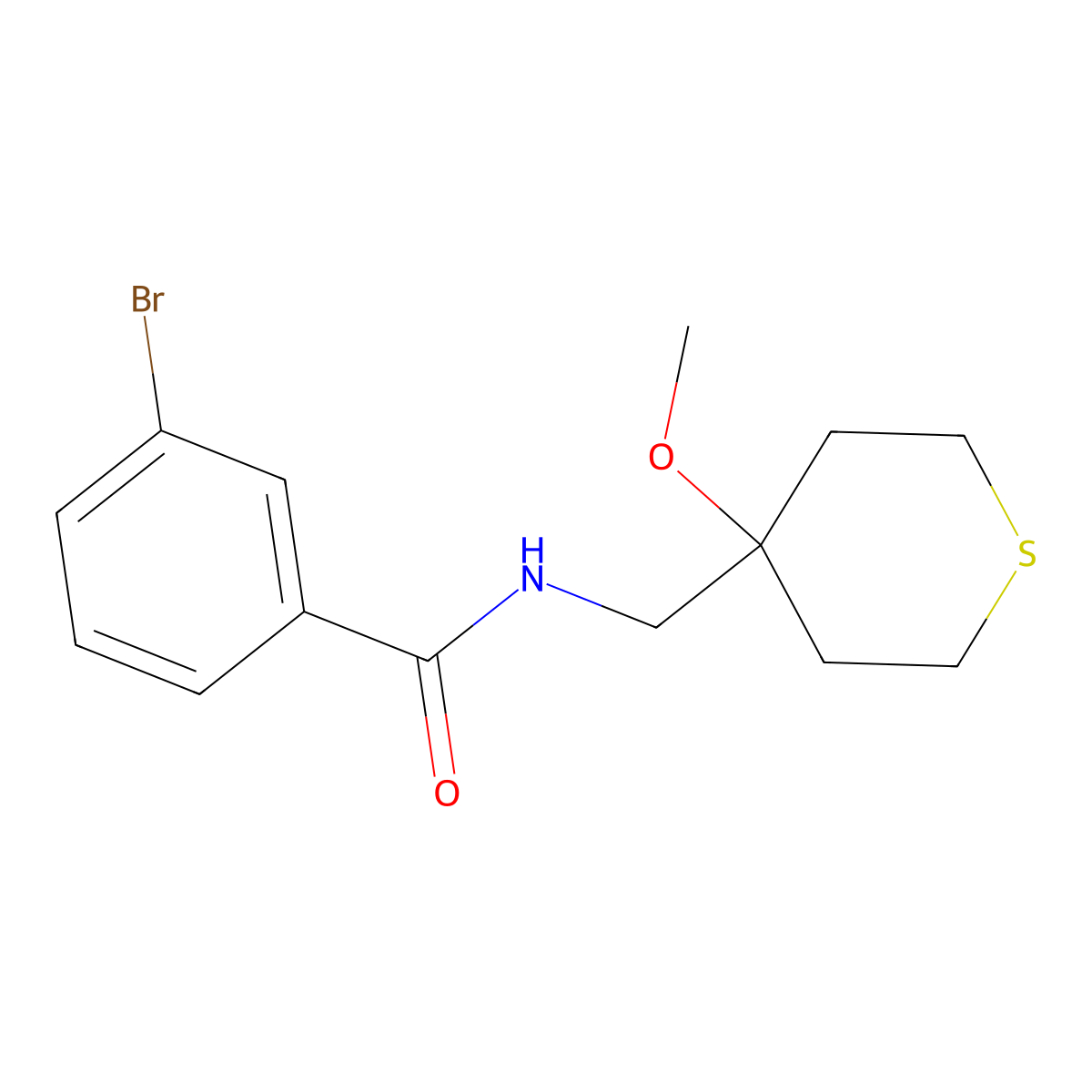 3-bromo-N-((4-methoxytetrahydro-2H-thiopyran-4-yl)methyl)benzamide molecular structure, CAS 2034398-93-9