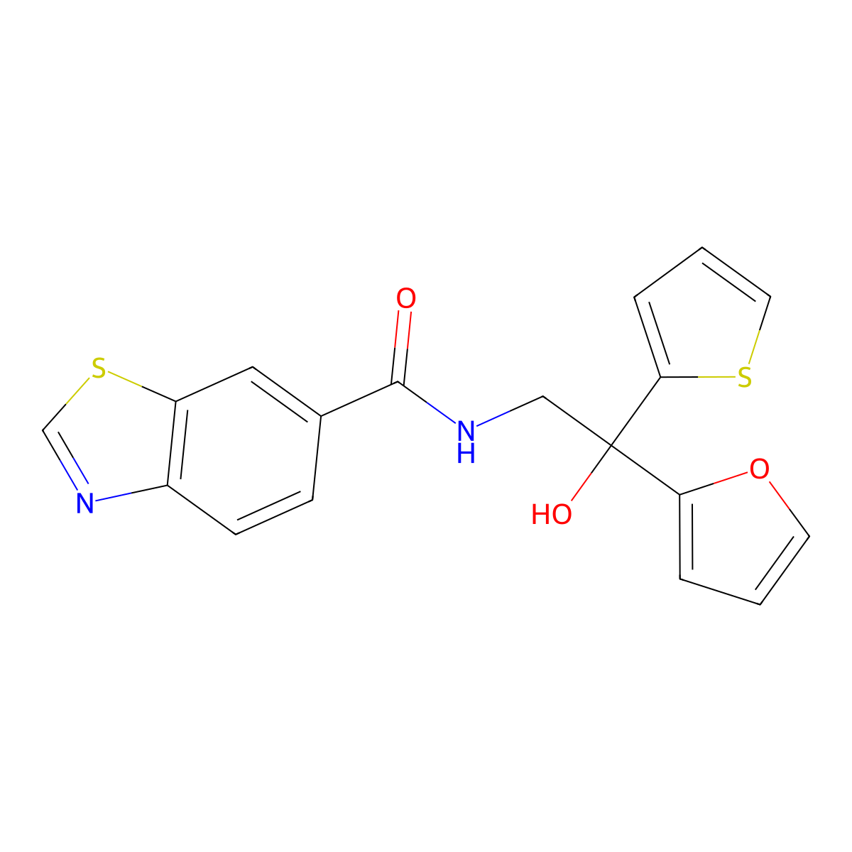 N-(2-(furan-2-yl)-2-hydroxy-2-(thiophen-2-yl)ethyl)benzo[d]thiazole-6-carboxamide molecular structure, CAS 2034399-00-1
