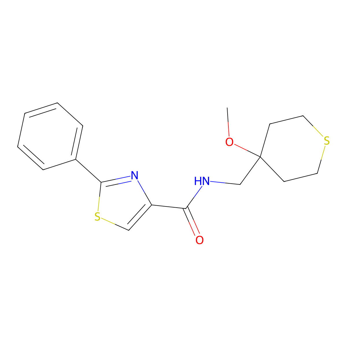 N-((4-methoxytetrahydro-2H-thiopyran-4-yl)methyl)-2-phenylthiazole-4-carboxamide molecular structure, CAS 2034399-03-4