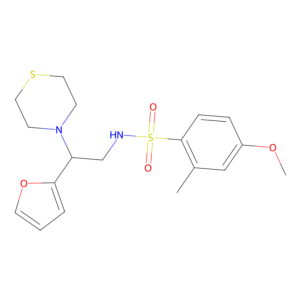 N-(2-(furan-2-yl)-2-thiomorpholinoethyl)-4-methoxy-2-methylbenzenesulfonamide molecular structure, CAS 2034399-04-5