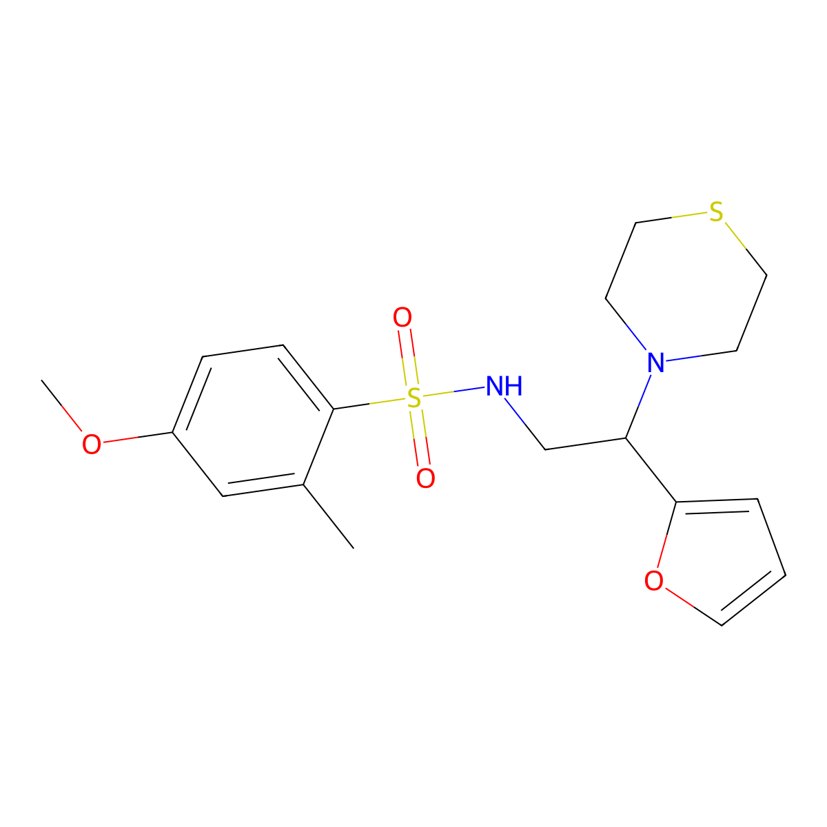 N-(2-(furan-2-yl)-2-thiomorpholinoethyl)-4-methoxy-2-methylbenzenesulfonamide molecular structure, CAS 2034399-04-5