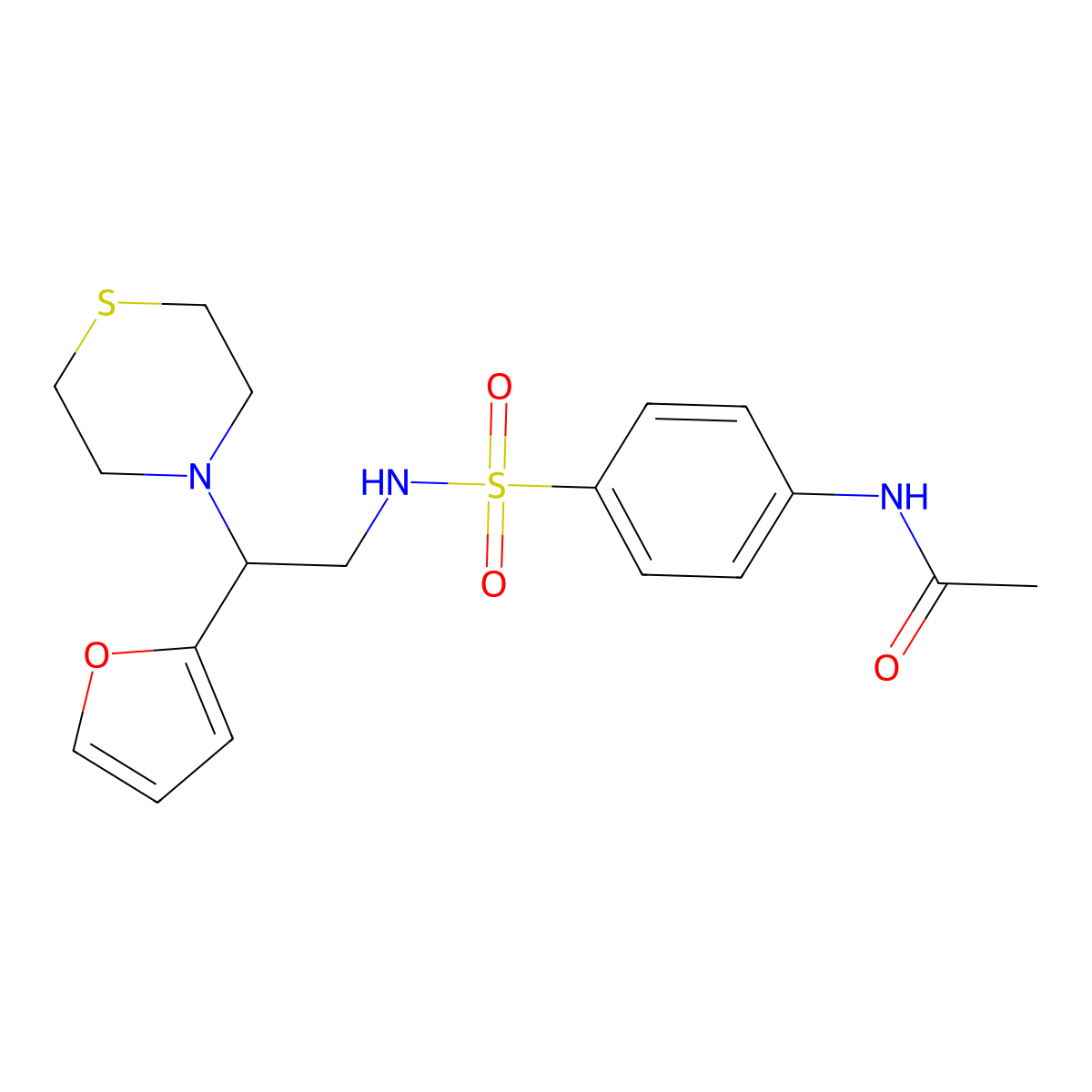 N-(4-(N-(2-(furan-2-yl)-2-thiomorpholinoethyl)sulfamoyl)phenyl)acetamide molecular structure, CAS 2034399-08-9