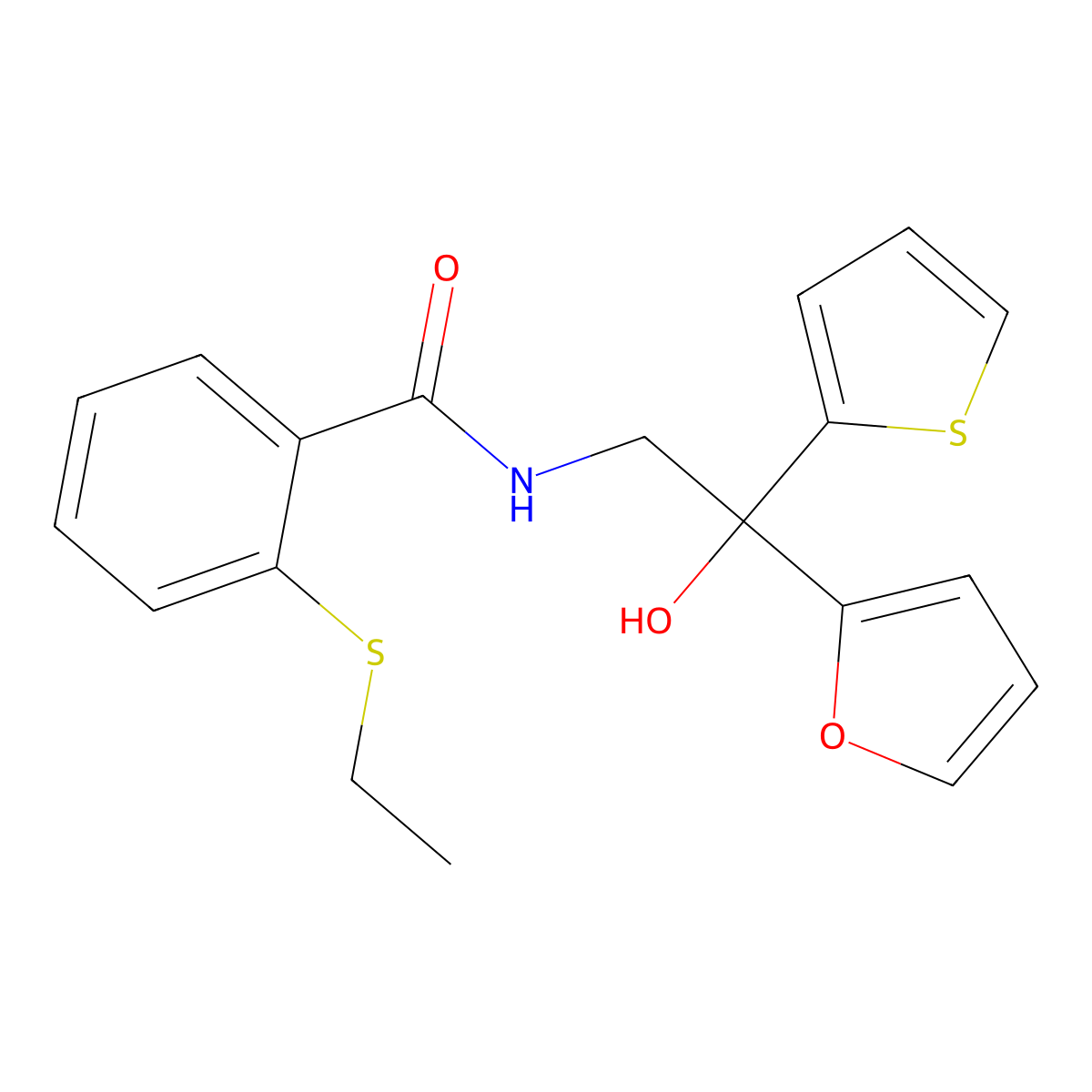 2-(ethylthio)-N-(2-(furan-2-yl)-2-hydroxy-2-(thiophen-2-yl)ethyl)benzamide molecular structure, CAS 2034399-13-6