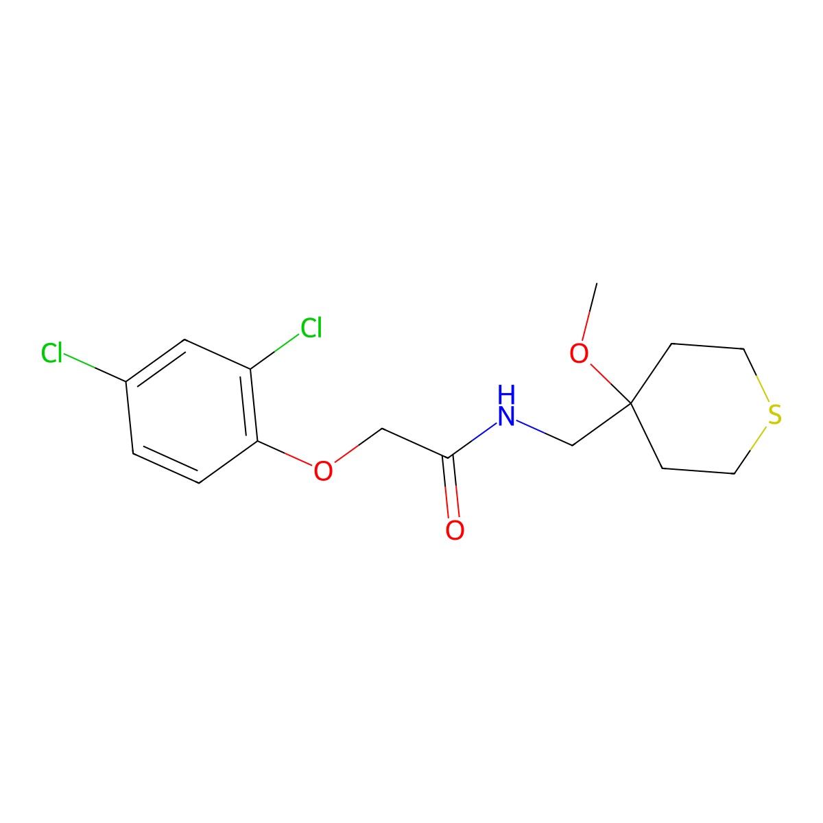 2-(2,4-dichlorophenoxy)-N-((4-methoxytetrahydro-2H-thiopyran-4-yl)methyl)acetamide molecular structure, CAS 2034399-14-7