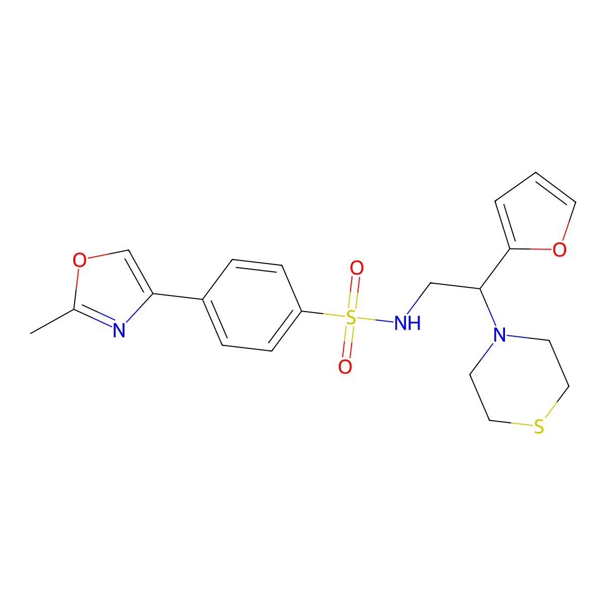 N-(2-(furan-2-yl)-2-thiomorpholinoethyl)-4-(2-methyloxazol-4-yl)benzenesulfonamide molecular structure, CAS 2034399-30-7