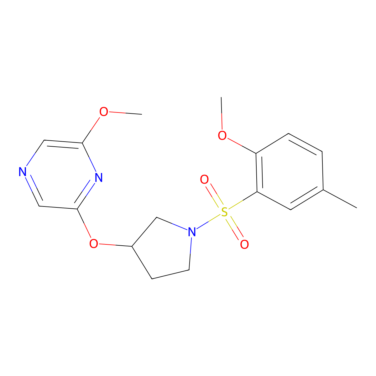 2-Methoxy-6-((1-((2-methoxy-5-methylphenyl)sulfonyl)pyrrolidin-3-yl)oxy)pyrazine molecular structure, CAS 2034399-35-2