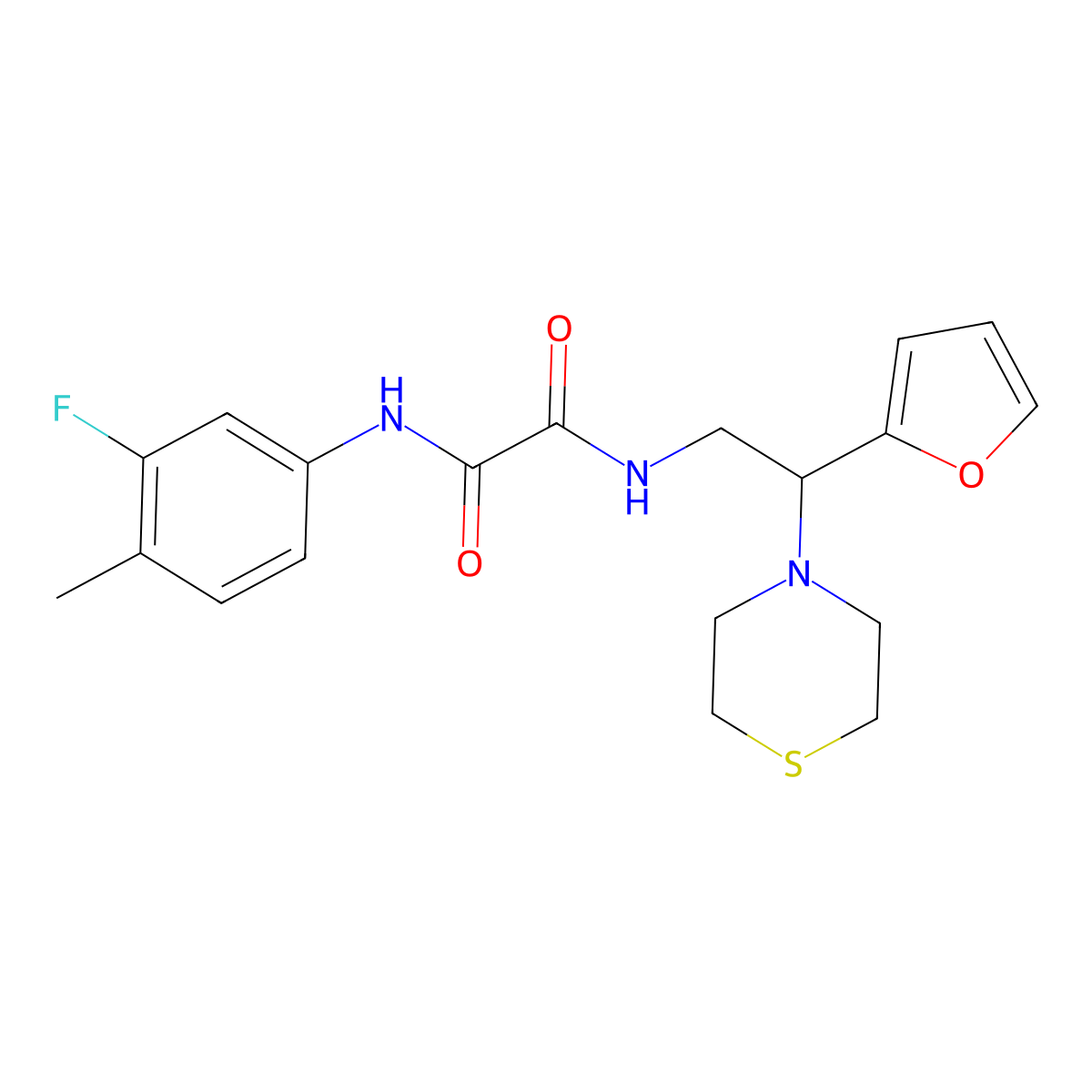 N1-(3-fluoro-4-methylphenyl)-N2-(2-(furan-2-yl)-2-thiomorpholinoethyl)oxalamide molecular structure, CAS 2034399-44-3