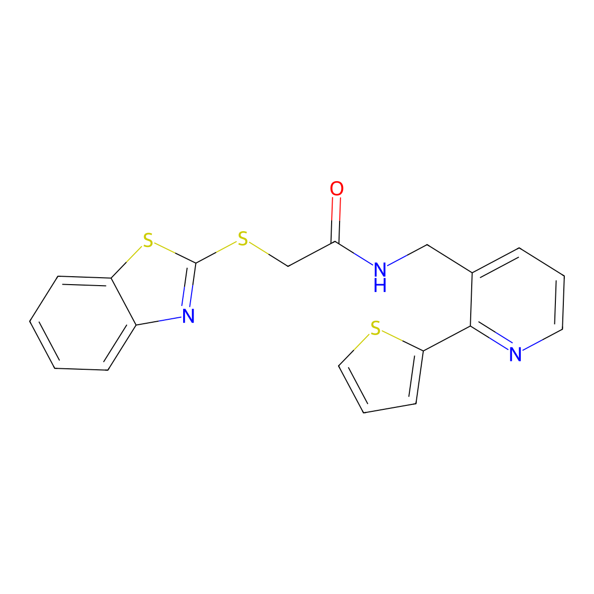 2-(benzo[d]thiazol-2-ylthio)-N-((2-(thiophen-2-yl)pyridin-3-yl)methyl)acetamide molecular structure, CAS 2034399-45-4