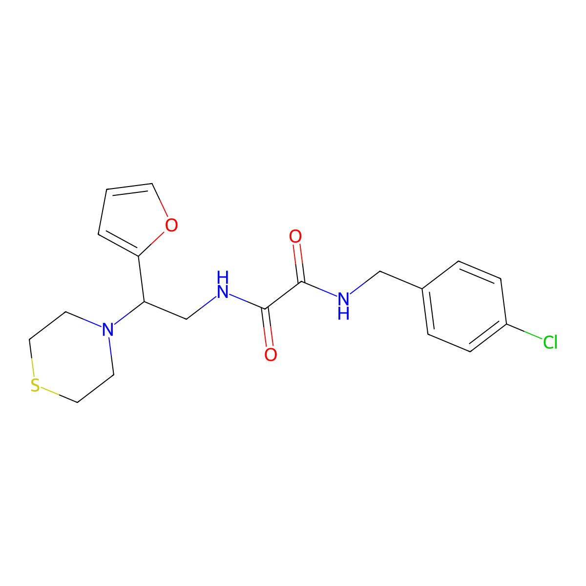 N1-(4-chlorobenzyl)-N2-(2-(furan-2-yl)-2-thiomorpholinoethyl)oxalamide molecular structure, CAS 2034399-49-8
