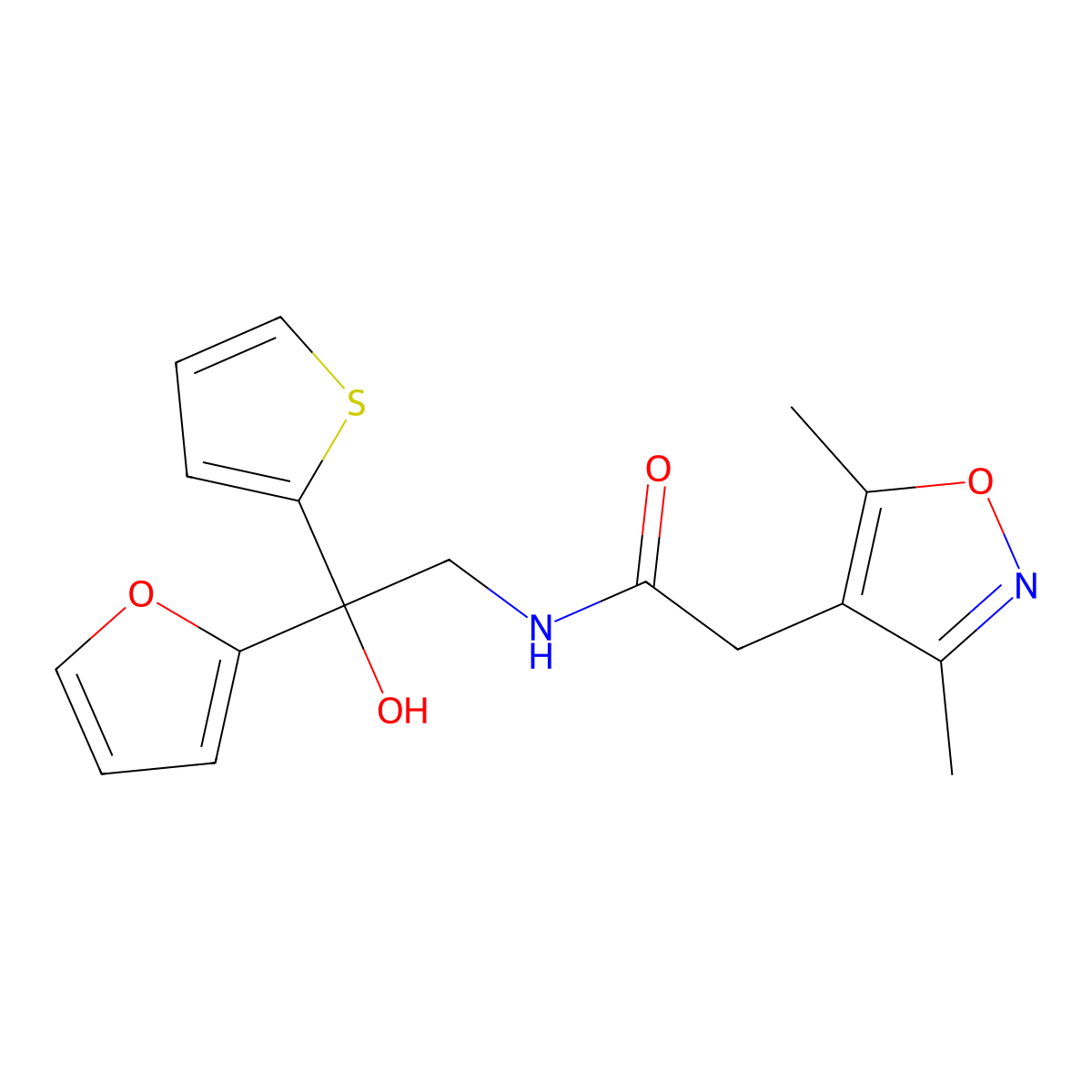 2-(3,5-dimethylisoxazol-4-yl)-N-(2-(furan-2-yl)-2-hydroxy-2-(thiophen-2-yl)ethyl)acetamide molecular structure, CAS 2034399-50-1