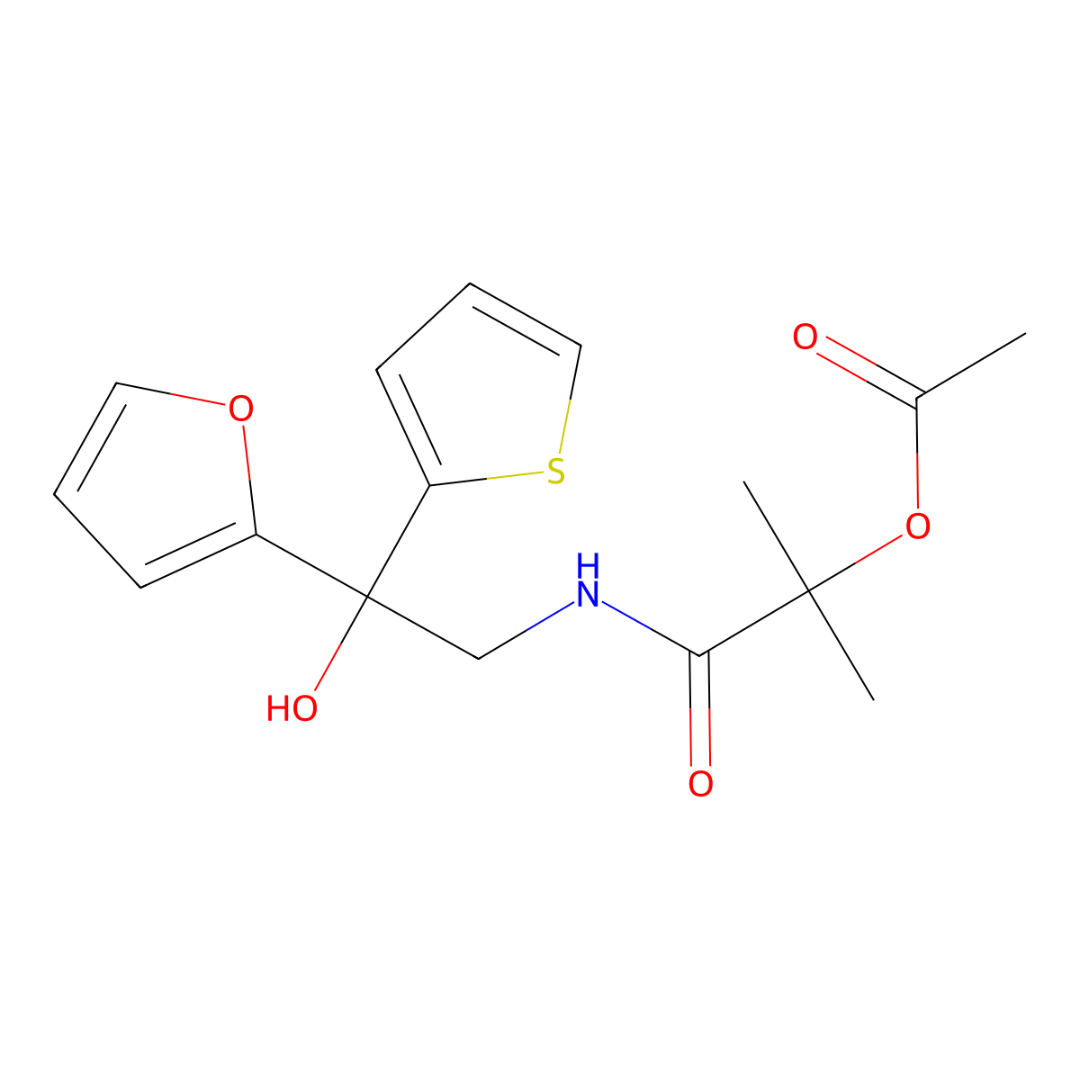 1-((2-(Furan-2-yl)-2-hydroxy-2-(thiophen-2-yl)ethyl)amino)-2-methyl-1-oxopropan-2-yl acetate molecular structure, CAS 2034399-54-5