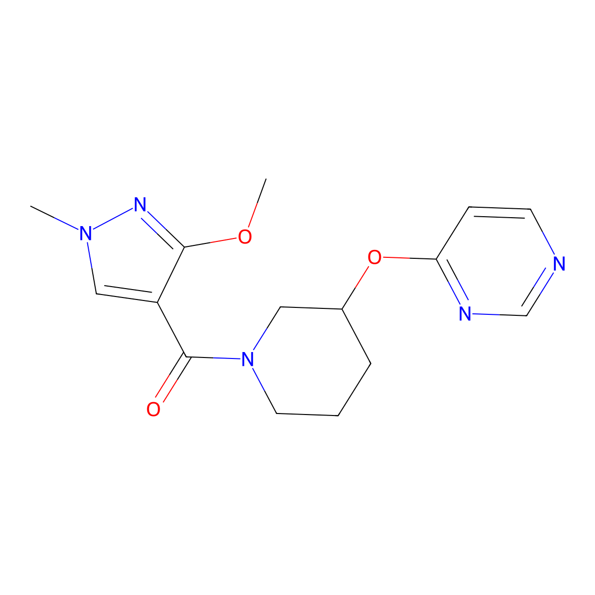 (3-methoxy-1-methyl-1H-pyrazol-4-yl)(3-(pyrimidin-4-yloxy)piperidin-1-yl)methanone molecular structure, CAS 2034399-58-9