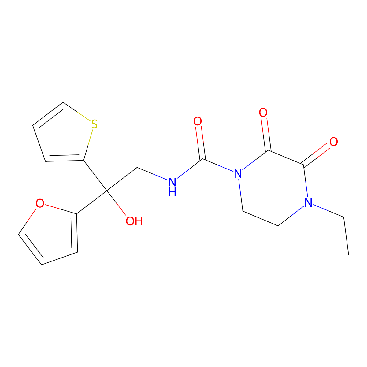 4-ethyl-N-(2-(furan-2-yl)-2-hydroxy-2-(thiophen-2-yl)ethyl)-2,3-dioxopiperazine-1-carboxamide molecular structure, CAS 2034399-59-0