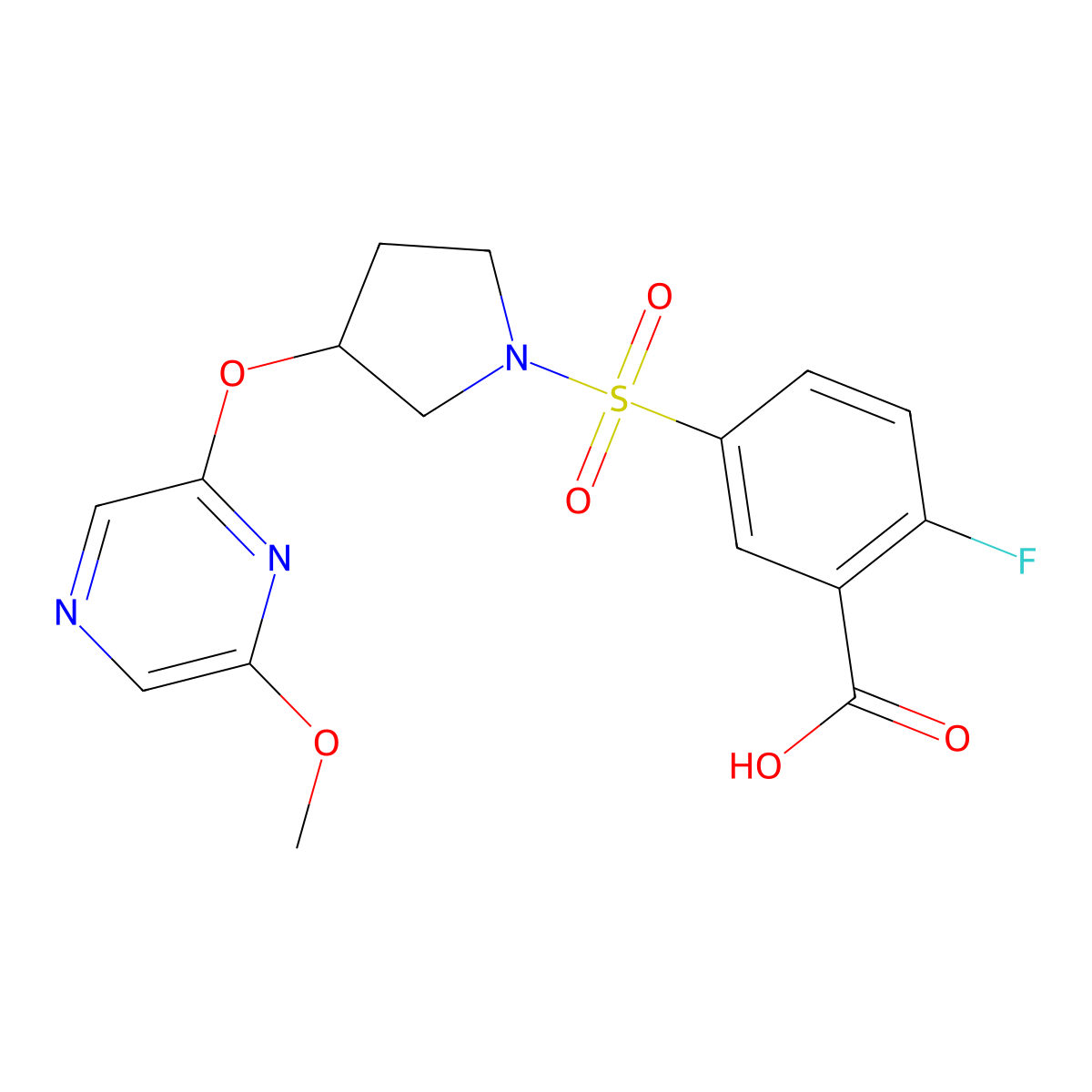2-Fluoro-5-((3-((6-methoxypyrazin-2-yl)oxy)pyrrolidin-1-yl)sulfonyl)benzoic acid molecular structure, CAS 2034399-61-4