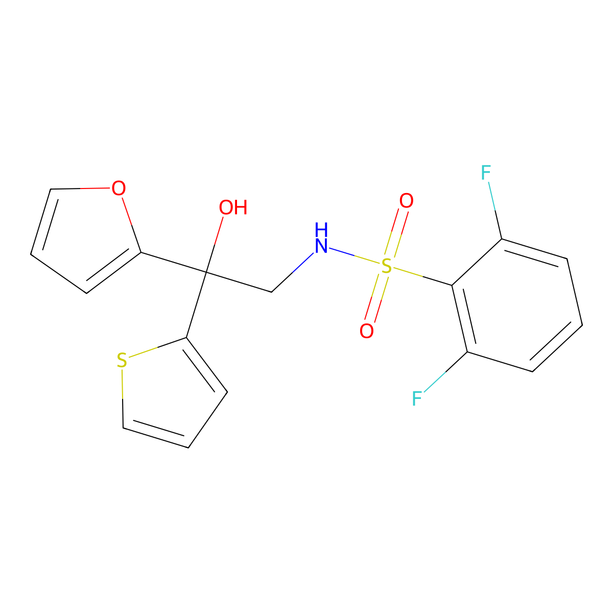2,6-difluoro-N-(2-(furan-2-yl)-2-hydroxy-2-(thiophen-2-yl)ethyl)benzenesulfonamide molecular structure, CAS 2034399-67-0