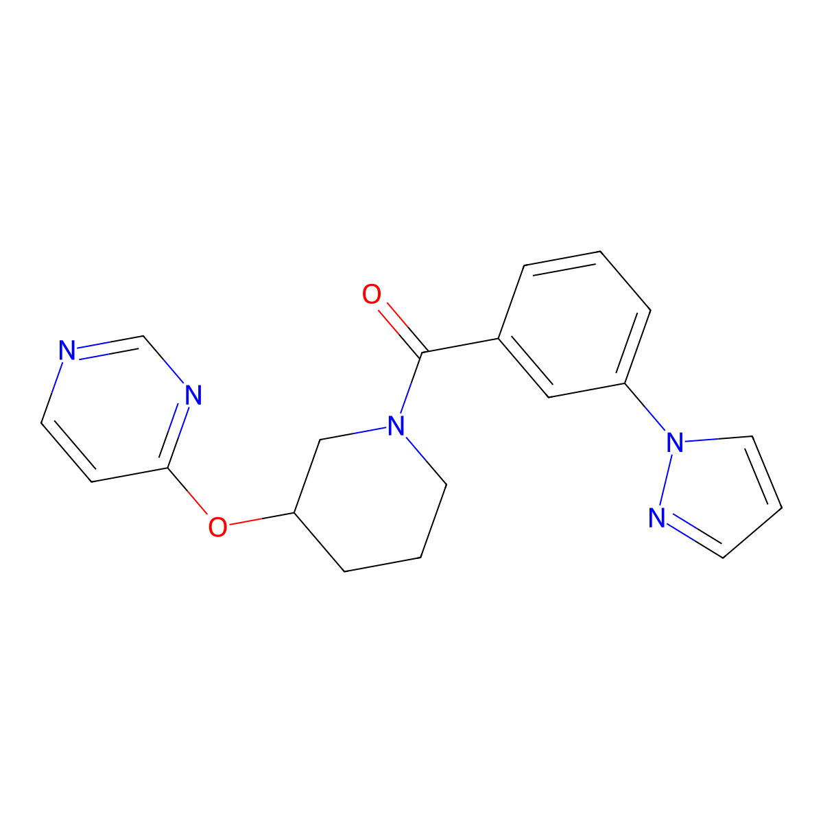 (3-(1H-pyrazol-1-yl)phenyl)(3-(pyrimidin-4-yloxy)piperidin-1-yl)methanone molecular structure, CAS 2034399-71-6