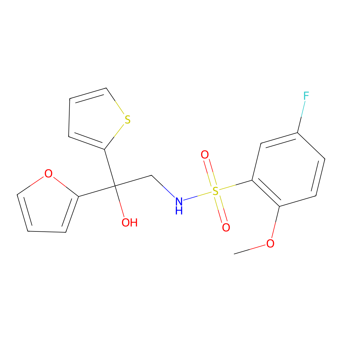5-fluoro-N-(2-(furan-2-yl)-2-hydroxy-2-(thiophen-2-yl)ethyl)-2-methoxybenzenesulfonamide molecular structure, CAS 2034399-72-7