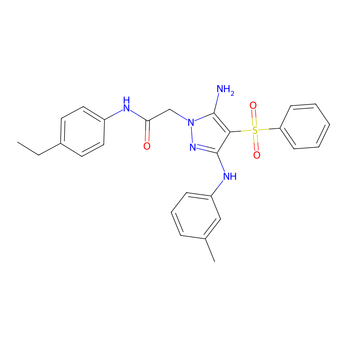 2-(5-amino-4-(phenylsulfonyl)-3-(m-tolylamino)-1H-pyrazol-1-yl)-N-(4-ethylphenyl)acetamide molecular structure, CAS 2034399-77-2