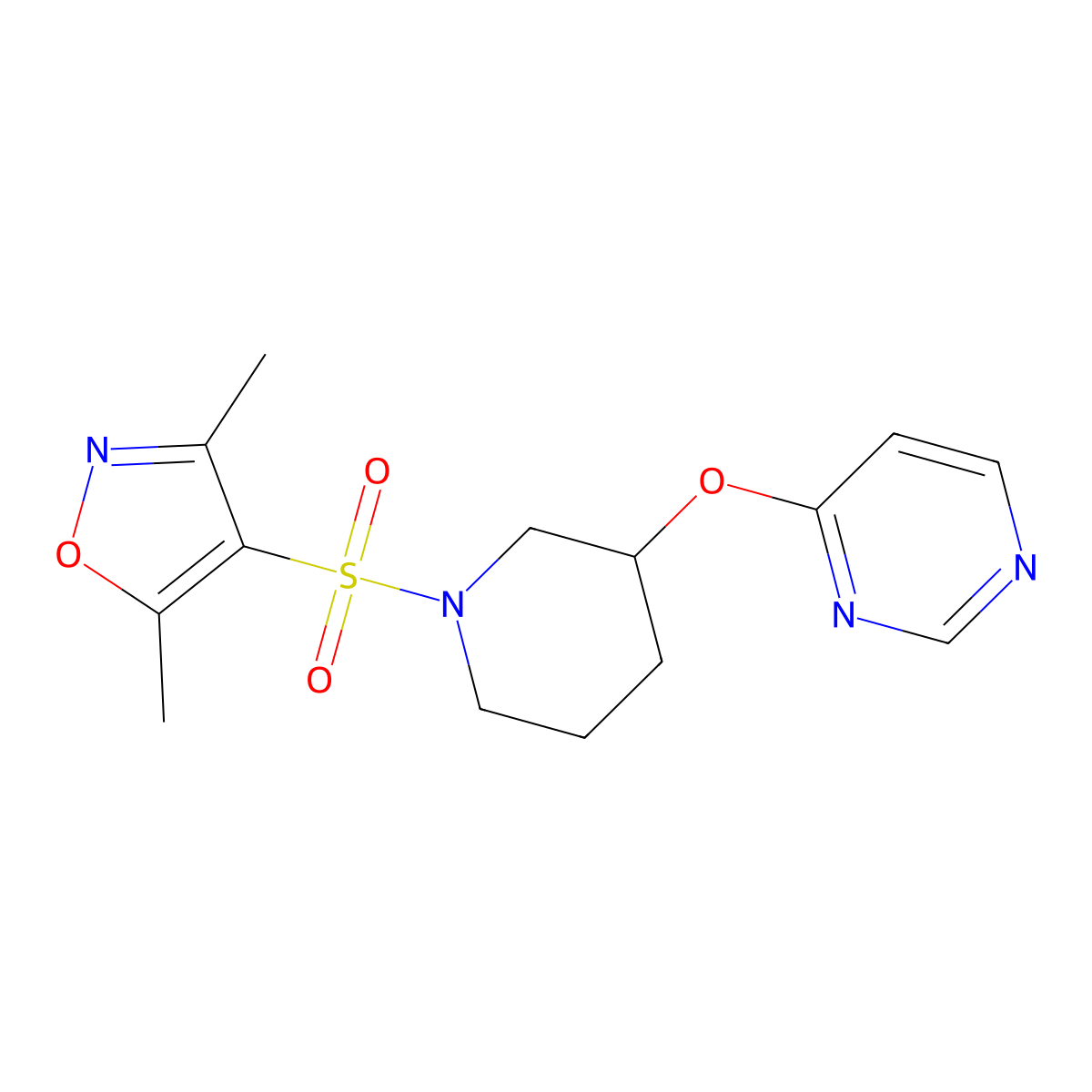 3,5-Dimethyl-4-((3-(pyrimidin-4-yloxy)piperidin-1-yl)sulfonyl)isoxazole molecular structure, CAS 2034399-81-8