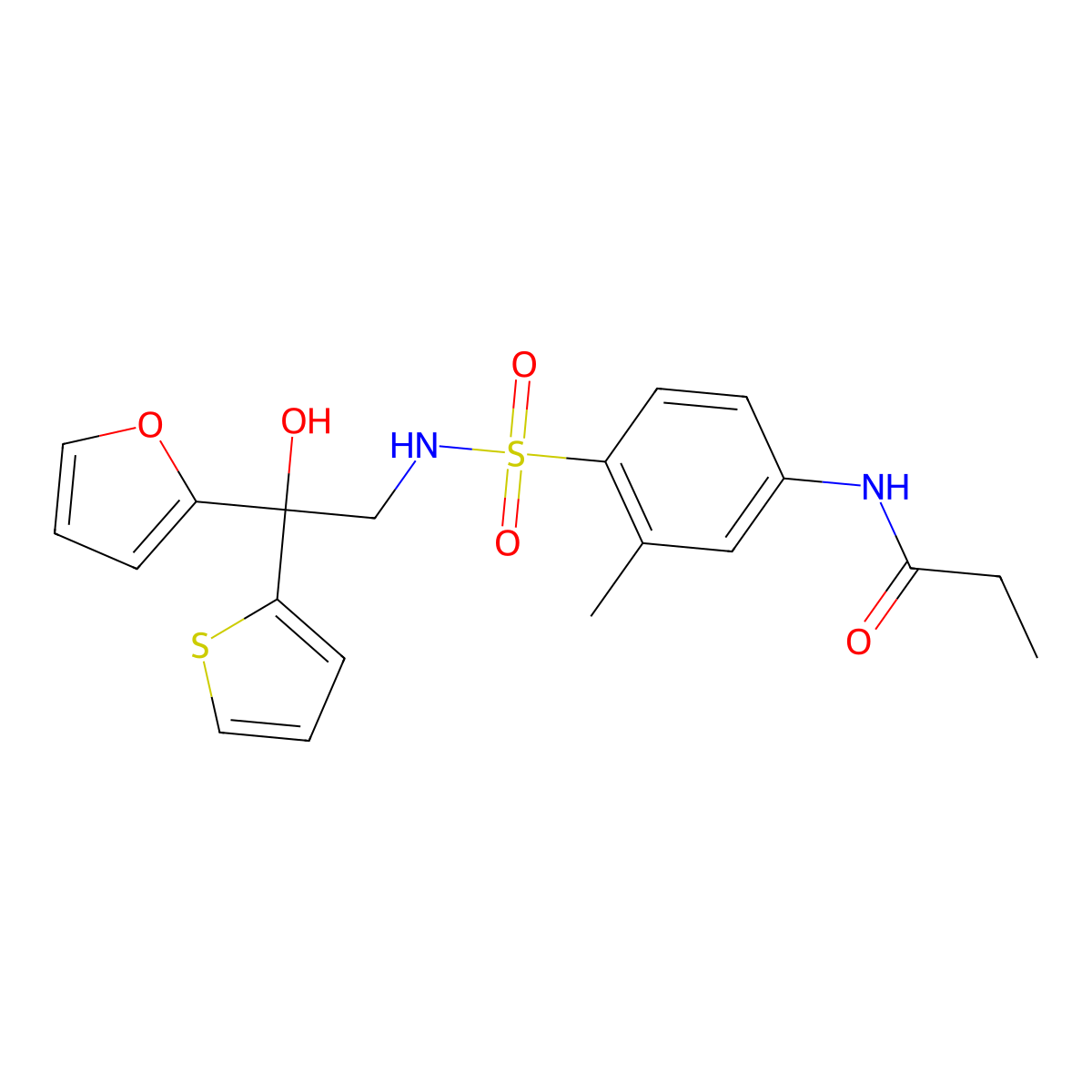 N-(4-(N-(2-(furan-2-yl)-2-hydroxy-2-(thiophen-2-yl)ethyl)sulfamoyl)-3-methylphenyl)propionamide molecular structure, CAS 2034399-85-2