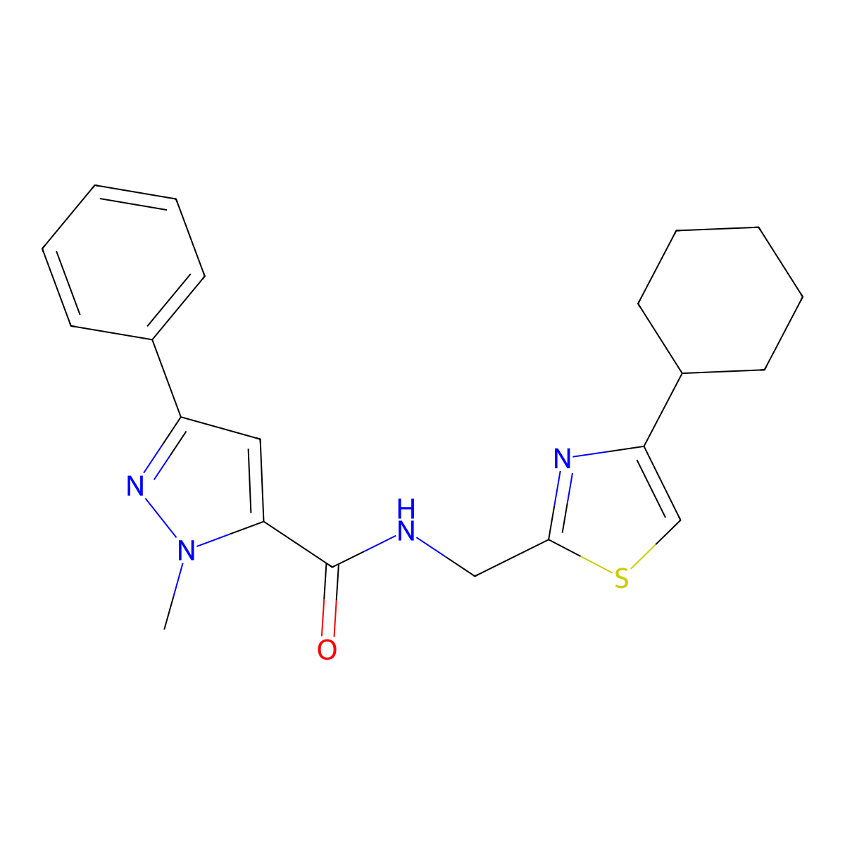 N-[(4-cyclohexyl-1,3-thiazol-2-yl)methyl]-1-methyl-3-phenyl-1H-pyrazole-5-carboxamide molecular structure, CAS 2034400-06-9