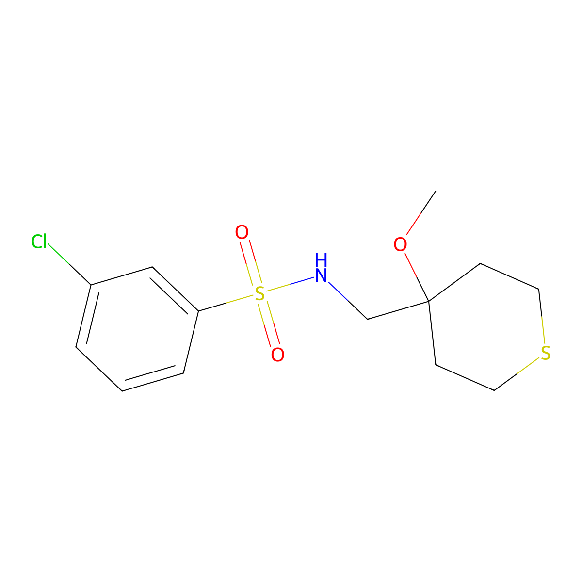 3-chloro-N-((4-methoxytetrahydro-2H-thiopyran-4-yl)methyl)benzenesulfonamide molecular structure, CAS 2034400-16-1