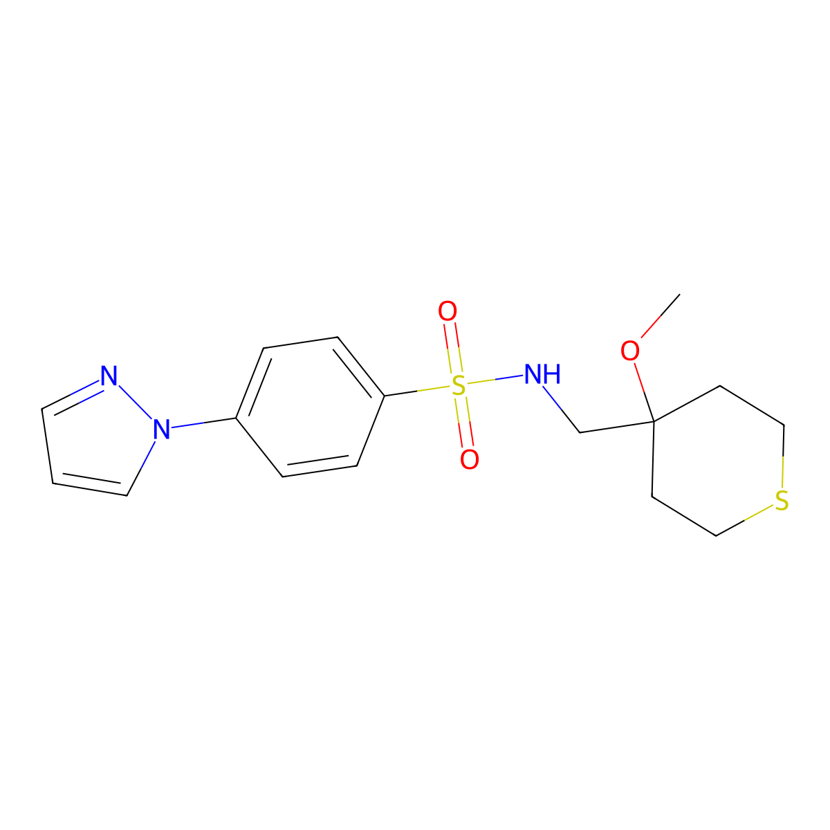 N-((4-methoxytetrahydro-2H-thiopyran-4-yl)methyl)-4-(1H-pyrazol-1-yl)benzenesulfonamide molecular structure, CAS 2034400-25-2