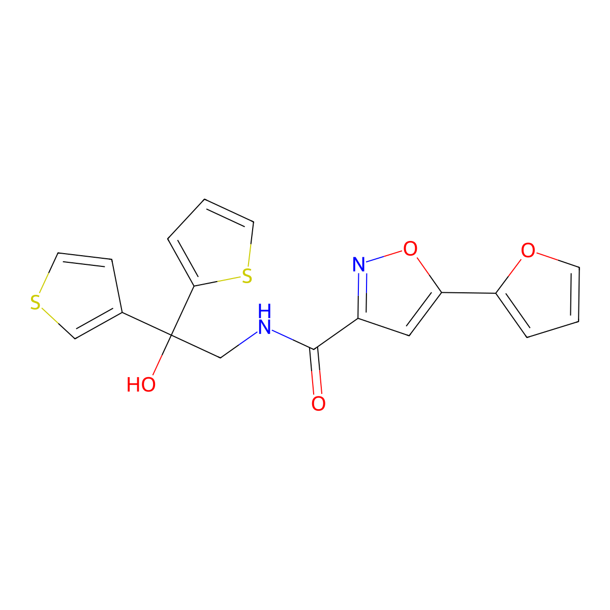 5-(furan-2-yl)-N-(2-hydroxy-2-(thiophen-2-yl)-2-(thiophen-3-yl)ethyl)isoxazole-3-carboxamide molecular structure, CAS 2034400-27-4