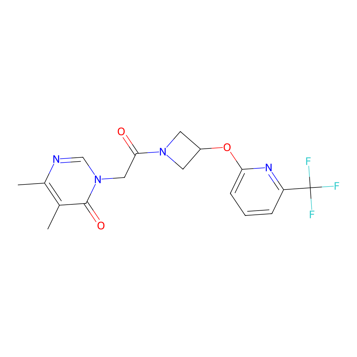 5,6-dimethyl-3-(2-oxo-2-(3-((6-(trifluoromethyl)pyridin-2-yl)oxy)azetidin-1-yl)ethyl)pyrimidin-4(3H)-one molecular structure, CAS 2034400-30-9