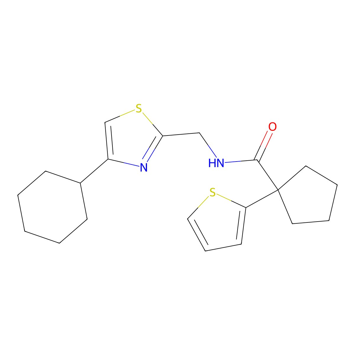 N-((4-cyclohexylthiazol-2-yl)methyl)-1-(thiophen-2-yl)cyclopentanecarboxamide molecular structure, CAS 2034400-61-6
