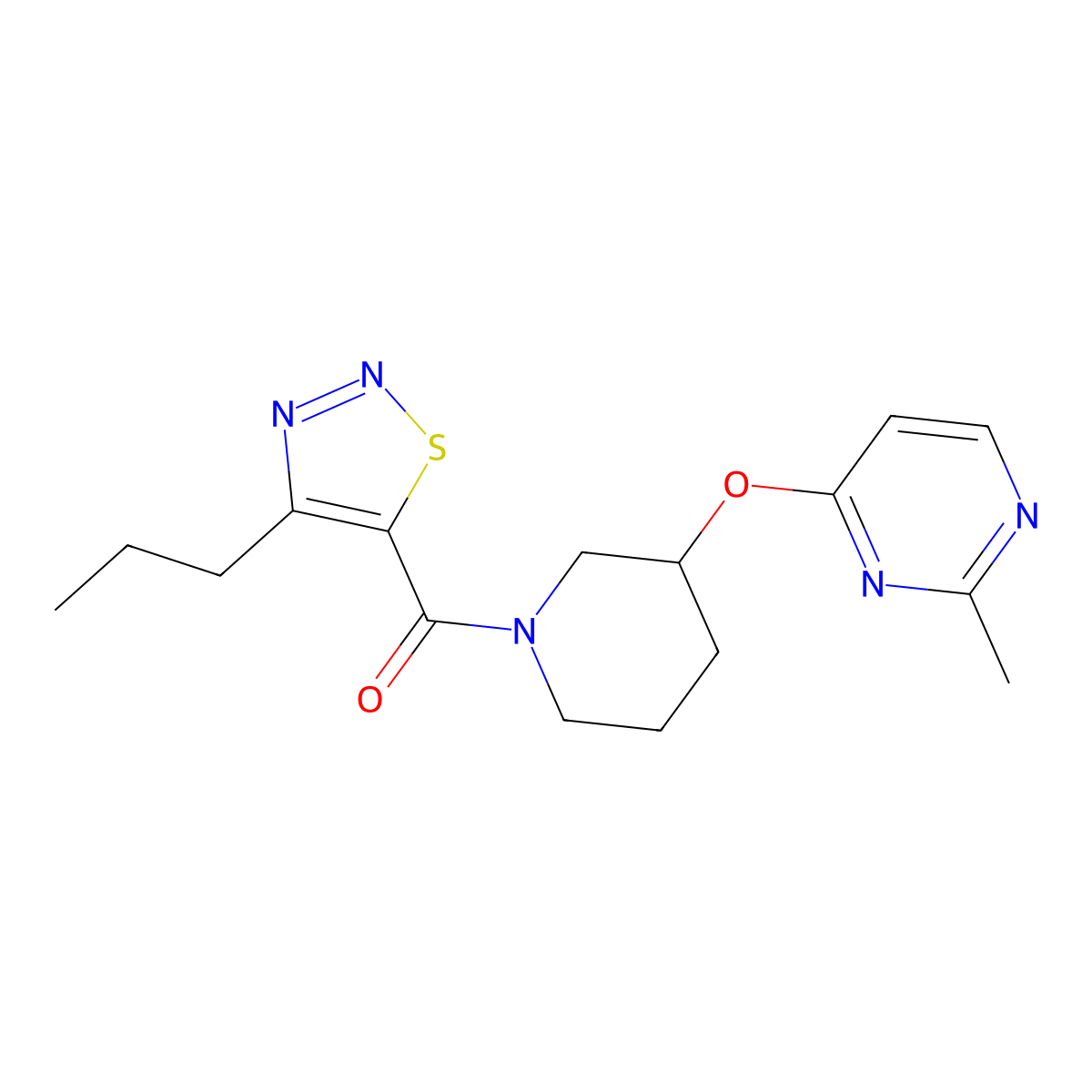 (3-((2-Methylpyrimidin-4-yl)oxy)piperidin-1-yl)(4-propyl-1,2,3-thiadiazol-5-yl)methanone molecular structure, CAS 2034400-99-0