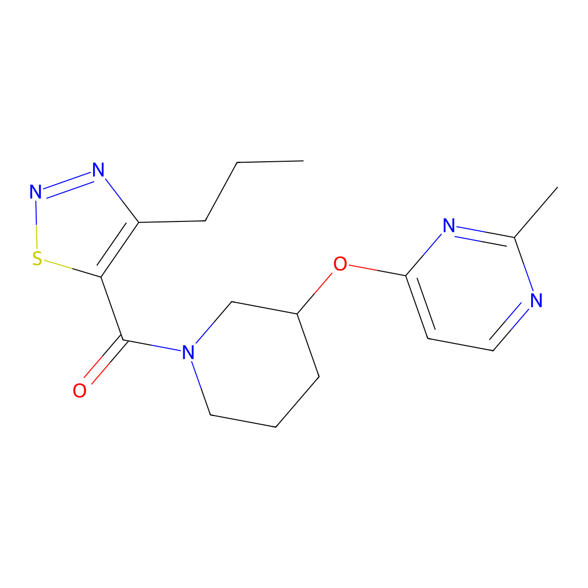 (3-((2-Methylpyrimidin-4-yl)oxy)piperidin-1-yl)(4-propyl-1,2,3-thiadiazol-5-yl)methanone molecular structure, CAS 2034400-99-0