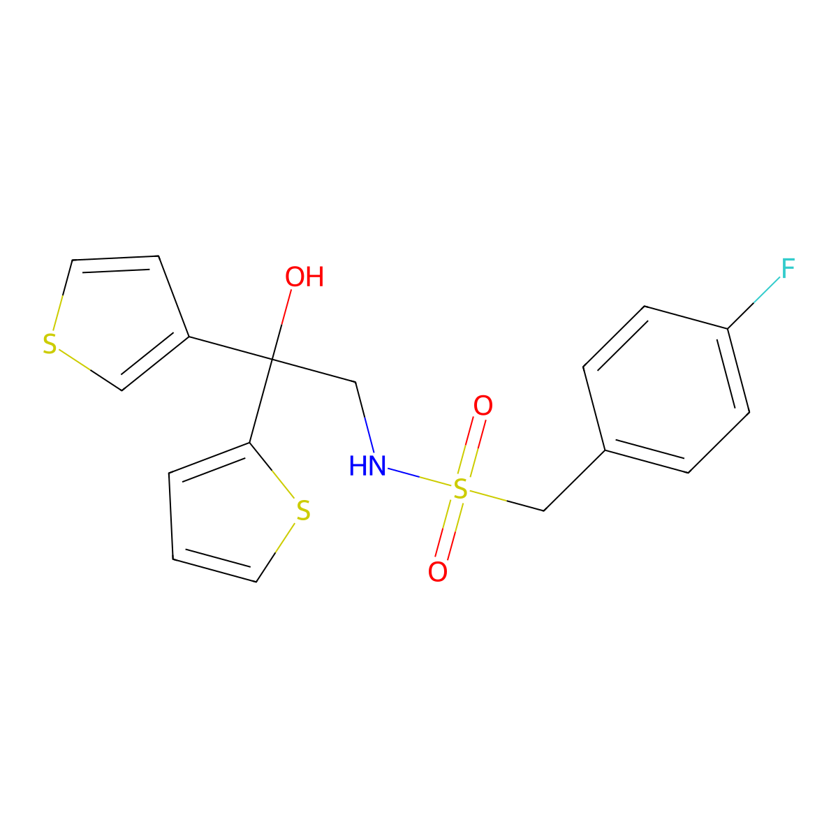 1-(4-fluorophenyl)-N-(2-hydroxy-2-(thiophen-2-yl)-2-(thiophen-3-yl)ethyl)methanesulfonamide molecular structure, CAS 2034401-06-2